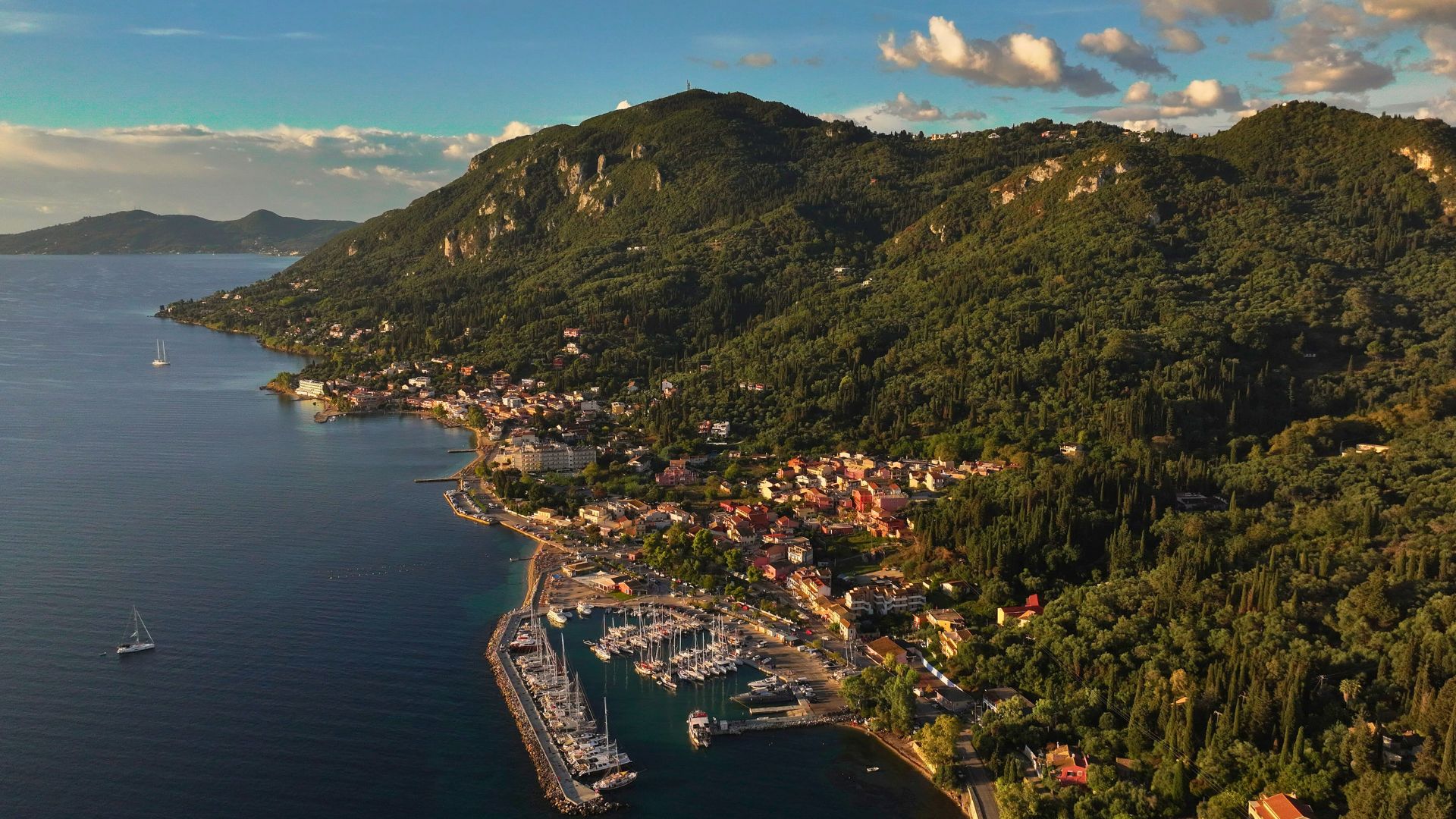 corfu lush landscapes and benitses village aerial views